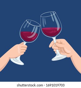 Two hands clink glasses with red wine. In cartoon style. On a navy blue background. Vector flat illustration.