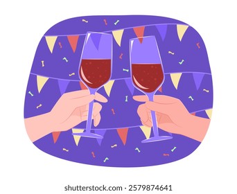 Two Hands Clink Glasses of Red Wine for Celebratory Toast Party Concept Illustration