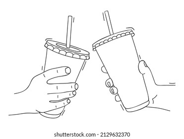 Two Hands Clink Paper Cups With Soda At Party. Sketch, Linear Drawing. Unhealthy Food. Soft Drink. Meeting Two Friends At Birthday Party. Vector Illustration In Minimalist Line Art Drawing Style