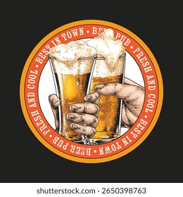 Two hands clink together glasses filled with amber beer creating a moment of celebration in a lively pub atmosphere. Fresh brews emphasize good times shared among friends.
