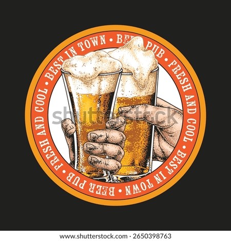 Two hands clink together glasses filled with amber beer creating a moment of celebration in a lively pub atmosphere. Fresh brews emphasize good times shared among friends.