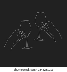Two hands clinking alcohol glasses of wine. Romantic birthday celebration toasting background. Vector isolated illustration.