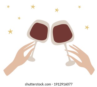 Two hands clinking. Beautiful female hand holds a glass of wine. Celebration with clinking glasses. Festive feast with alcoholic drinks. Vector illustration in a flat style on white background.