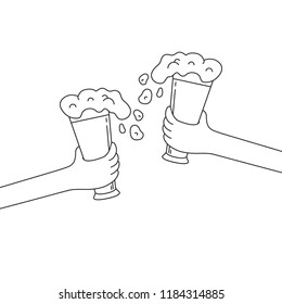Two hands clinking beer glasses with foam. Fest celebration. Vector isolated illustration.