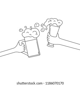 Two hands clinking beer mug and glass with foam on a fest. Birthday party celebration. Vector isolated illustration.