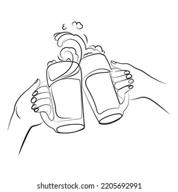 Two hands clinking beer mugs with a splash of foam Line drawing black and white illustration.Hands with beer mugs sketch drawing for web, poster, invitation to party oktoberfest festival 