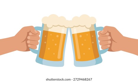 Dos manos tintineando tazas de cerveza en una Ilustración vectorial de brindis para fiestas, Oktoberfest y celebraciones.