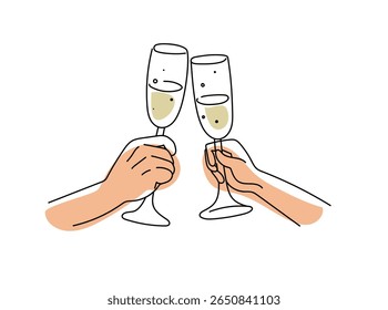 Two hands clinking champagne glasses in a toast, with hearts floating above. Celebration concept for anniversary or Valentine's Day.