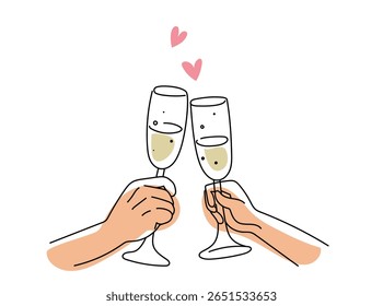 Two hands clinking champagne glasses in a toast, with hearts floating above. Celebration concept for anniversary or Valentine's Day.