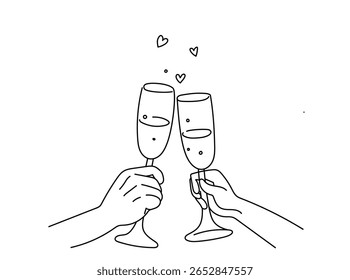 Duas mãos pegando taças de champanhe em um brinde, com corações flutuando acima. Conceito de celebração para aniversário ou Dia dos Namorados.