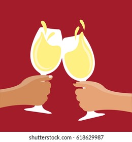 two hands clinking cheers with a flat design white wine glasses & splashing. Hand of a man & woman holding glasses of wine. couple in love clinking with wine enjoy and fun  on a red background