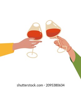 Two hands clinking cheers with a red wine glasses. female hands holding wineglasses. Women friendship. Vector flat hand drawn illustration