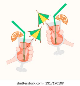 Two hands clinking cocktail glasses with fresh fruit alcohol drinks, ice and umbrella. Summer party time vector illustration.