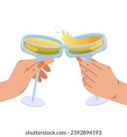 Two hands clinking glasses with a champagne. Festive illustration for Christmas. New Years greeting card. Drawing of champagne glass. Vector flat illustration. Isolated vector illustration flat design