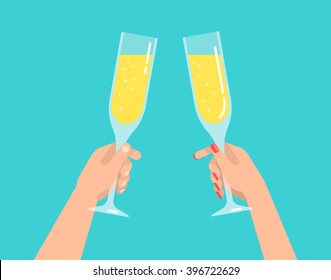 Two hands clinking glasses with a champagne. Isolated vector illustration flat design.