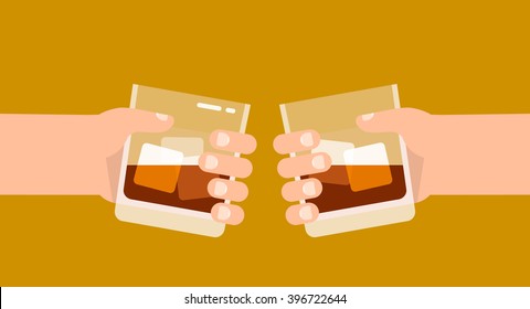 Two hands clinking glasses with a whiskey. Isolated vector illustration flat design.