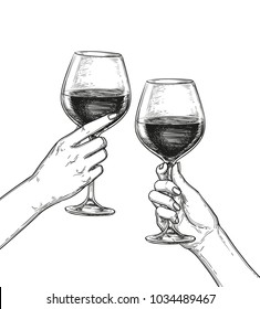Two hands clinking glasses of wine. Ink sketch isolated on white background. Hand drawn vector illustration. Retro style.