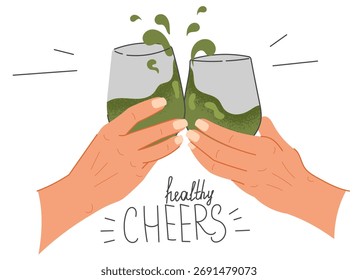 Zwei Hände klinken Matcha Brille in flachen Stil feiern Gesundheit