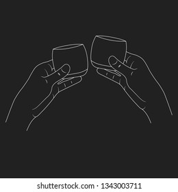Two hands clinking whiskey glasses with scotch. Celebration toast on a alcohol party. Vector background.