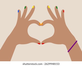 Two hands with colorful nails form heart shape, expressing love and unity, with purple bracelet on one wrist against light background