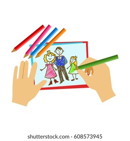Two Hands Coloring With Pencil A Coloring Book Page, Elementary School Art Class Vector Illustration