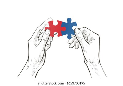 Two hands connect couple Jigsaw puzzle piece. The concept of establishing contacts, teamwork, partnerships, understanding, cooperation, solutions. Vector sketch line illustration