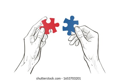 Two hands connect couple Jigsaw puzzle piece. The concept of establishing contacts, teamwork, partnerships, understanding, cooperation, solutions. Vector sketch line illustration
