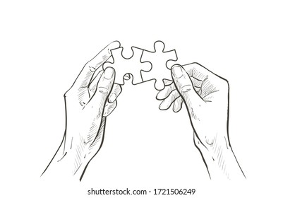 Two hands connect couple Jigsaw puzzle piece. The concept of establishing contacts, teamwork, partnerships, understanding, cooperation, solutions. Vector sketch line illustration