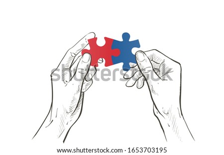 Two hands connect couple Jigsaw puzzle piece. The concept of establishing contacts, teamwork, partnerships, understanding, cooperation, solutions. Vector sketch line illustration