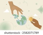 Two hands connect puzzle pieces of the world, symbolizing collaborative problem-solving and innovative solutions through shared ideas. Environmental solutions concept. Earth day. Vector illustration