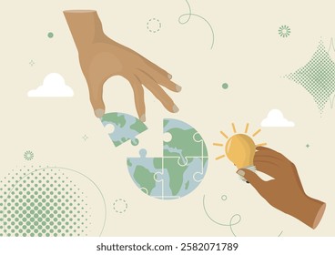 Two hands connect puzzle pieces of the world, symbolizing collaborative problem-solving and innovative solutions through shared ideas. Environmental solutions concept. Earth day. Vector illustration