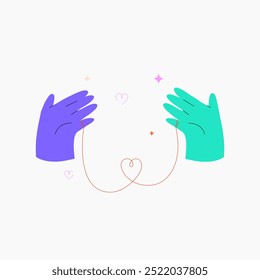 Two hands connected by a love thread shaped like a heart, symbolizing romantic connection, emotional bond, and unity. Ideal for love and relationship themes. Flat vector illustration.