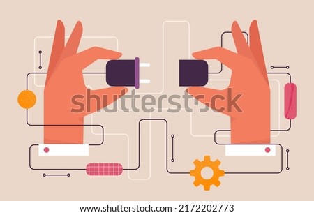 Two hands connecting an electric plug and a power socket together. Integration, connection, collaboration concept. Electrical circuit, wiring. Isolated flat vector illustration