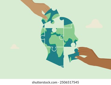 Two hands connecting puzzle pieces to form a world map within a human head silhouette, symbolizing global cooperation for a better future. Eco friendly illustration. ESG illustration. Sustainable