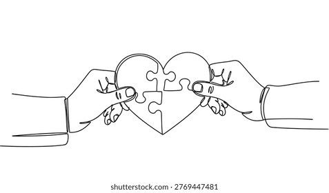 Two hands connecting puzzle pieces forming heart shape symbolizing love unity and partnership in elegant continuous line art design