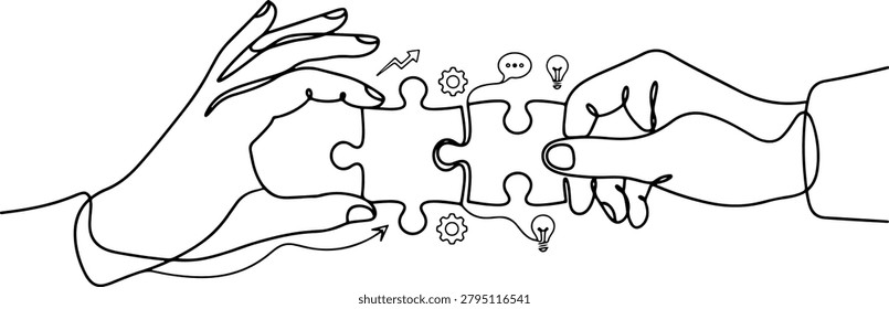 Two hands connecting puzzle pieces symbolizing collaboration, communication, and business solutions.