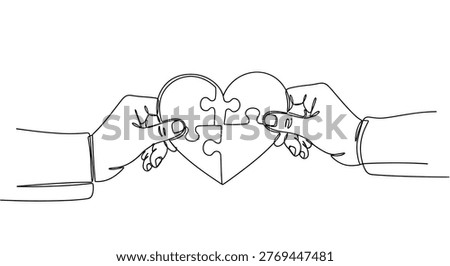 Two hands connecting puzzle pieces forming heart shape symbolizing love unity and partnership in elegant continuous line art design