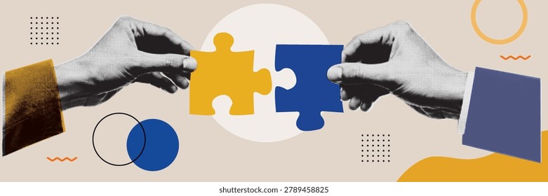 Two Hands Connecting Yellow and Blue Puzzle Pieces Halftone Collage Illustration — Teamwork Partnership Collaboration and Perfect Match Business Solution Concept on Beige Background