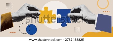 Two Hands Connecting Yellow and Blue Puzzle Pieces Halftone Collage Illustration — Teamwork Partnership Collaboration and Perfect Match Business Solution Concept on Beige Background
