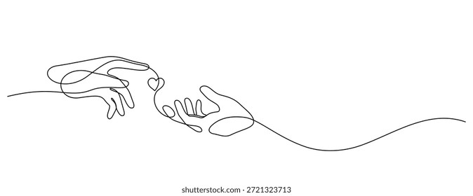 Conexión de dos manos con corazón Una línea de dibujo Espacio de copia continua Concepto de amor minimalismo decorativo