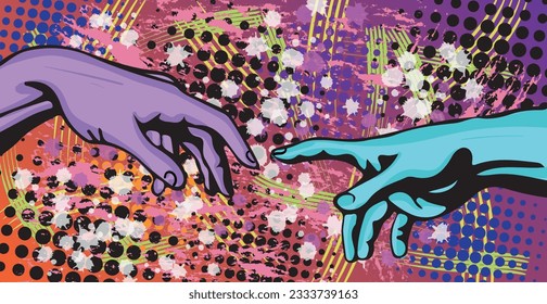 Two hands connection in pop art style. Hand-drawn vector illustration.