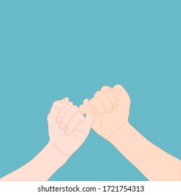 two hands are Contract pinkie together on the blue background. business, love, bonding, relationship, promises, holiday, encouragement concept. 