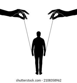 Two hands controlling man. Manipulate and abuse a man.Toxic relationships. Manipulator concept