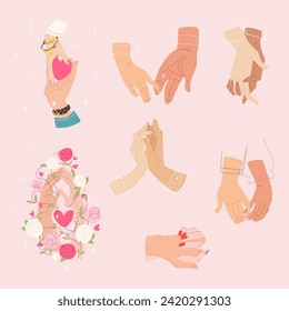 Two hands couple valentine vector set. Happy valentines day flat love romance illustration isolated on pink background