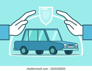 Two hands cover the car. Car insurance, safety, safe driving concept. Simple style vector illustration