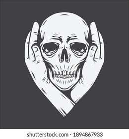 two hands cover the ears of the skull. t shirt and tattoo design. vector illustration	