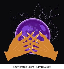 Two hands cover the purple magic ball on a black background