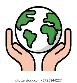 Dos manos acunan un globo verde y blanco, simbolizando el cuidado y la protección del planeta.