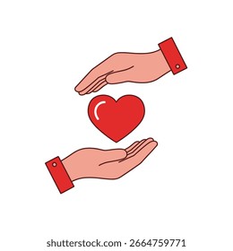 Two hands cradle a red heart, symbolizing care and protection.
