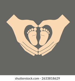 Two hands cradling baby feet in a heart shape, representing love and protection. The feet are small and delicate.